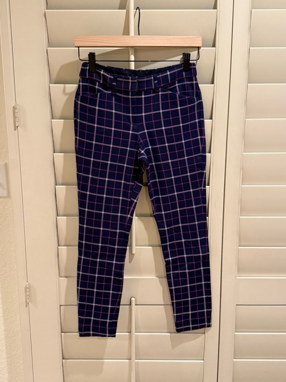 Express Navy Multi Windowpane Mid Rise Knit Skinny Dress Pant w/ Stretch Size 0S